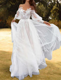 NumberSea - Beach Wedding Dresses A - Line Off Shoulder Long Sleeve Sweep / Brush Train Lace Bridal Gowns With Pleats Appliques