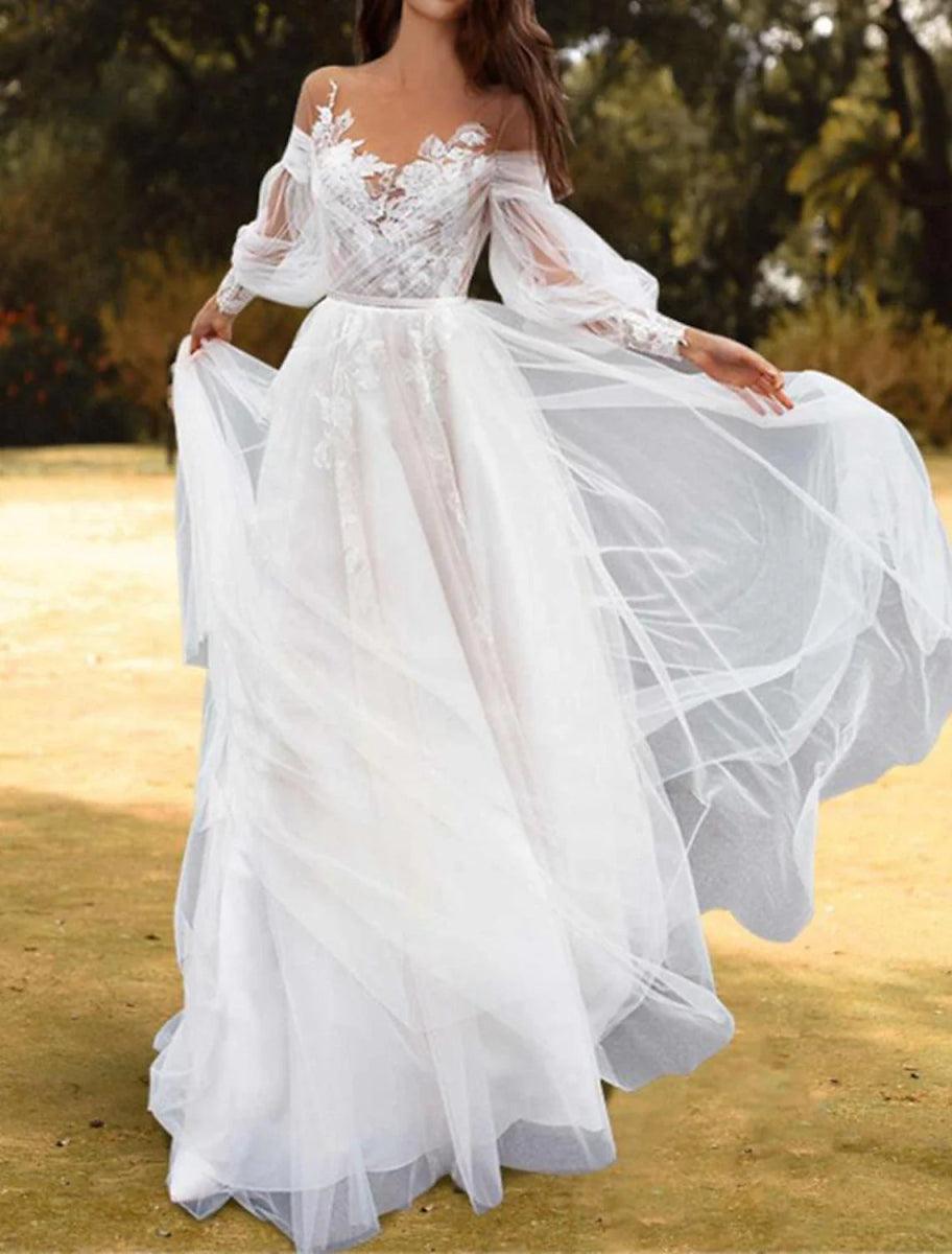 NumberSea - Beach Wedding Dresses A - Line Off Shoulder Long Sleeve Sweep / Brush Train Lace Bridal Gowns With Pleats Appliques