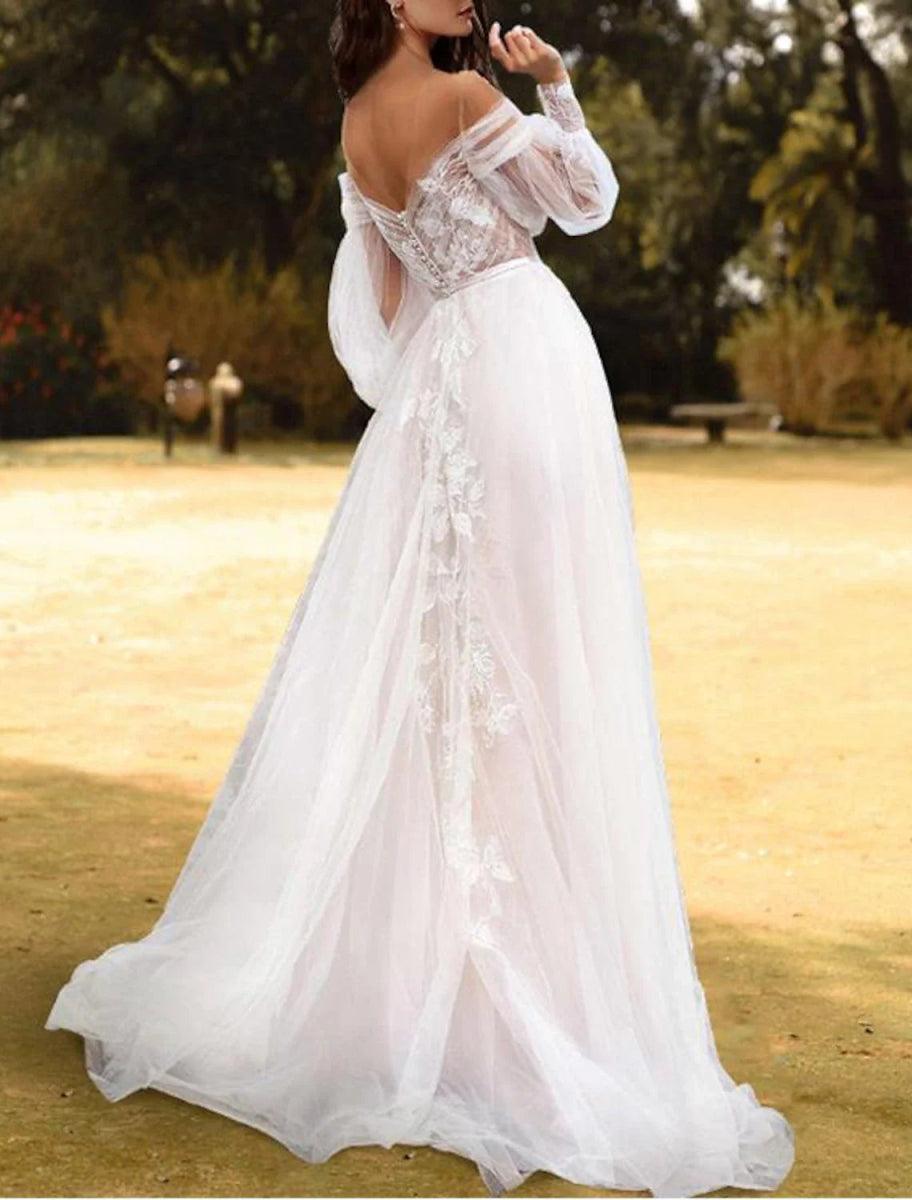 NumberSea - Beach Wedding Dresses A - Line Off Shoulder Long Sleeve Sweep / Brush Train Lace Bridal Gowns With Pleats Appliques