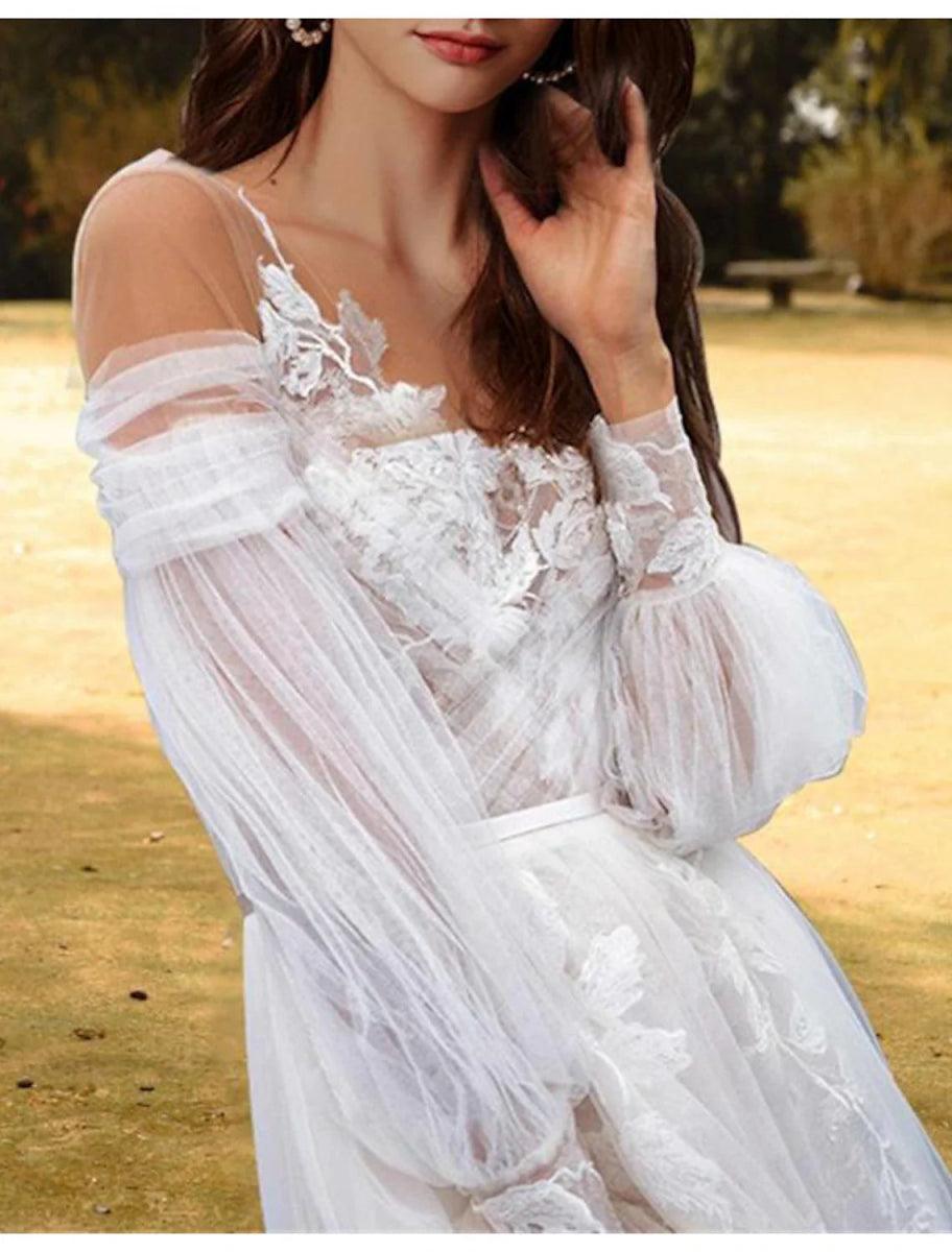 NumberSea - Beach Wedding Dresses A - Line Off Shoulder Long Sleeve Sweep / Brush Train Lace Bridal Gowns With Pleats Appliques