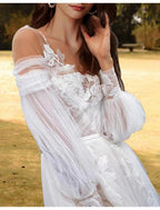NumberSea - Beach Wedding Dresses A - Line Off Shoulder Long Sleeve Sweep / Brush Train Lace Bridal Gowns With Pleats Appliques