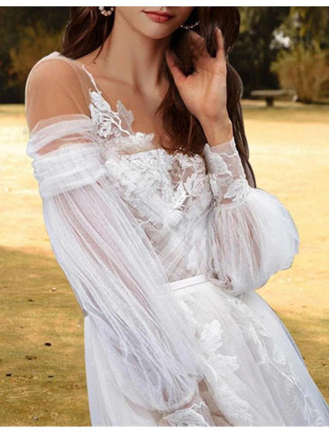 NumberSea - Beach Wedding Dresses A - Line Off Shoulder Long Sleeve Sweep / Brush Train Lace Bridal Gowns With Pleats Appliques