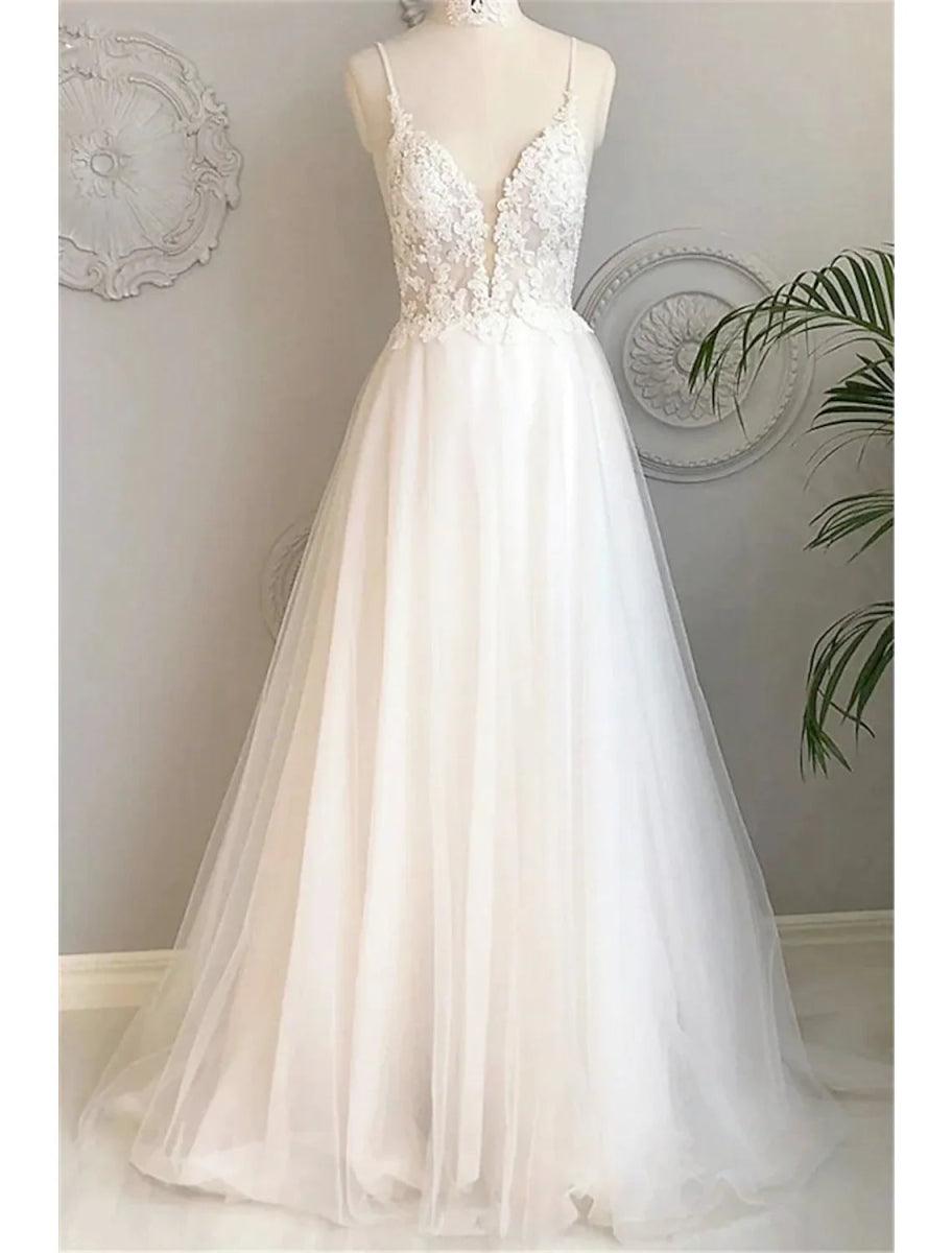 NumberSea - Beach Wedding Dresses Court Train A - Line Sleeveless Spaghetti Strap Lace With Buttons Appliques