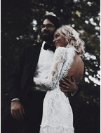 NumberSea - Beach Wedding Dresses Court Train Mermaid / Trumpet Long Sleeve High Neck Lace With Appliques Solid Color&nbsp;