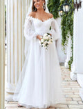 NumberSea - Beach Wedding Dresses Floor Length A - Line Long Sleeve Off Shoulder Tulle With Lace Insert Appliques