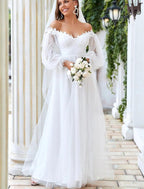 NumberSea - Beach Wedding Dresses Floor Length A - Line Long Sleeve Off Shoulder Tulle With Lace Insert Appliques