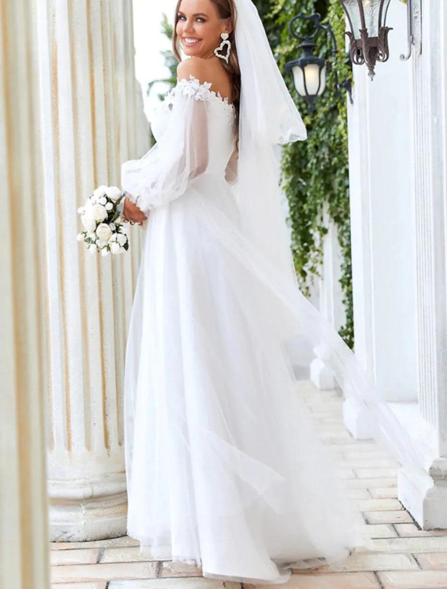 NumberSea - Beach Wedding Dresses Floor Length A - Line Long Sleeve Off Shoulder Tulle With Lace Insert Appliques