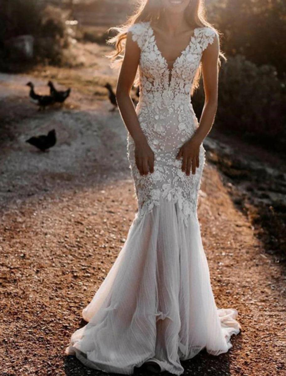 NumberSea - Beach Wedding Dresses Mermaid / Trumpet V Neck Cap Sleeve Court Train Lace Bridal Gowns With Appliques