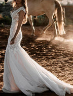 NumberSea - Beach Wedding Dresses Mermaid / Trumpet V Neck Cap Sleeve Court Train Lace Bridal Gowns With Appliques