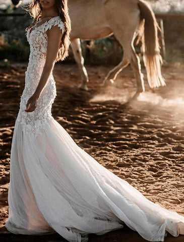 NumberSea - Beach Wedding Dresses Mermaid / Trumpet V Neck Cap Sleeve Court Train Lace Bridal Gowns With Appliques