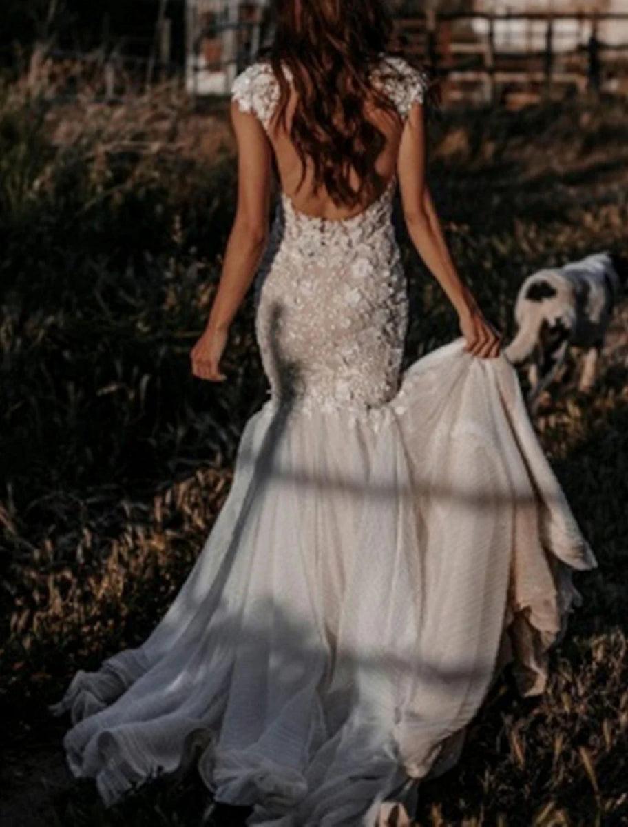 NumberSea - Beach Wedding Dresses Mermaid / Trumpet V Neck Cap Sleeve Court Train Lace Bridal Gowns With Appliques