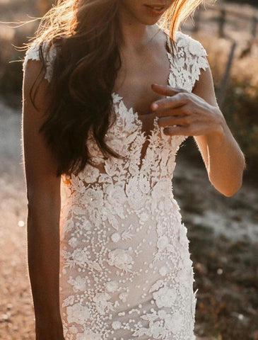 NumberSea - Beach Wedding Dresses Mermaid / Trumpet V Neck Cap Sleeve Court Train Lace Bridal Gowns With Appliques