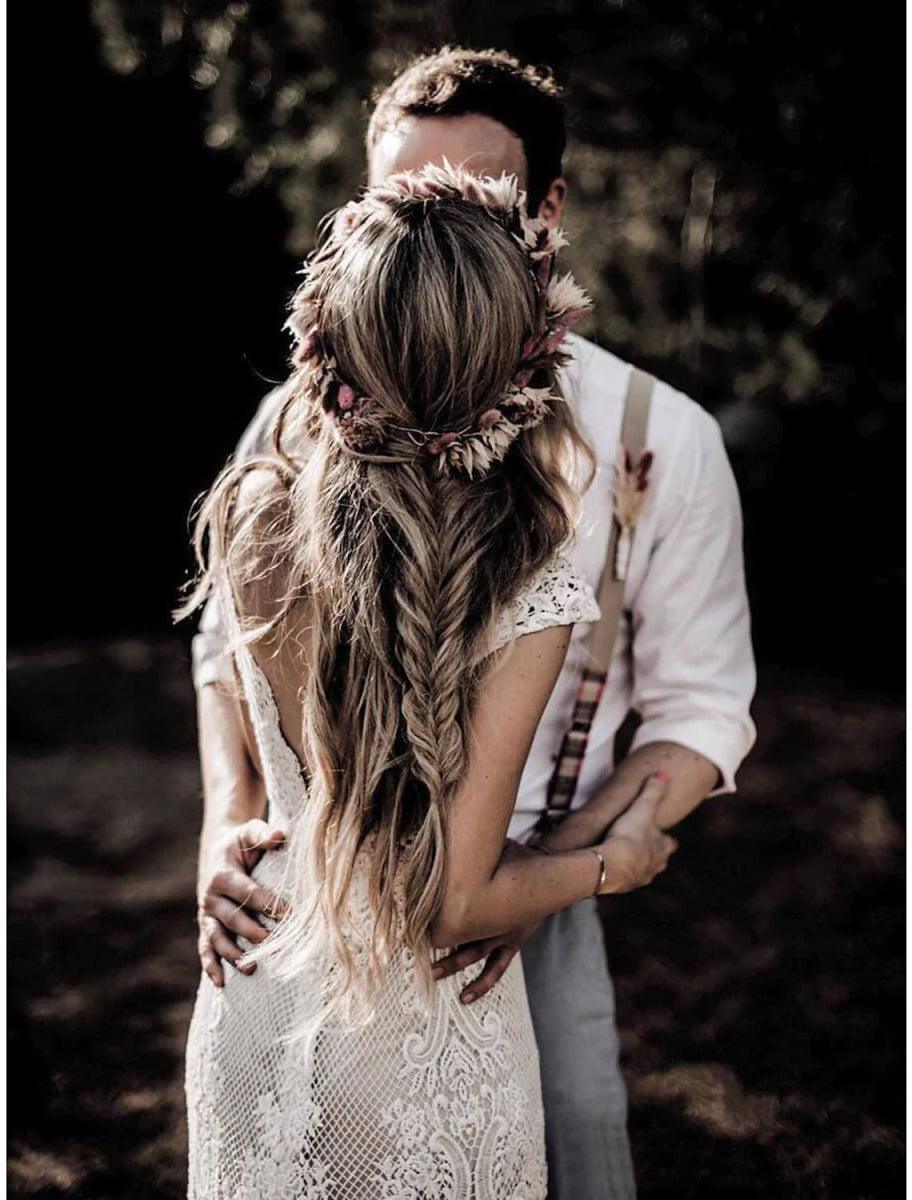 NumberSea - Beach Wedding Dresses Mermaid / Trumpet V Neck Cap Sleeve Court Train Lace Outdoor Bridal Gowns With Appliques Solid Color