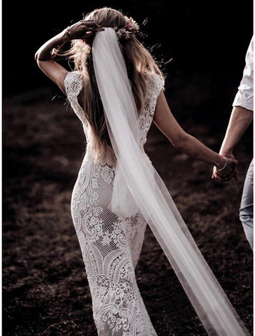 NumberSea - Beach Wedding Dresses Mermaid / Trumpet V Neck Cap Sleeve Court Train Lace Outdoor Bridal Gowns With Appliques Solid Color