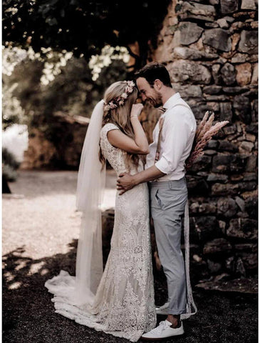 NumberSea - Beach Wedding Dresses Mermaid / Trumpet V Neck Cap Sleeve Court Train Lace Outdoor Bridal Gowns With Appliques Solid Color