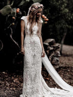 NumberSea - Beach Wedding Dresses Mermaid / Trumpet V Neck Cap Sleeve Court Train Lace Outdoor Bridal Gowns With Appliques Solid Color