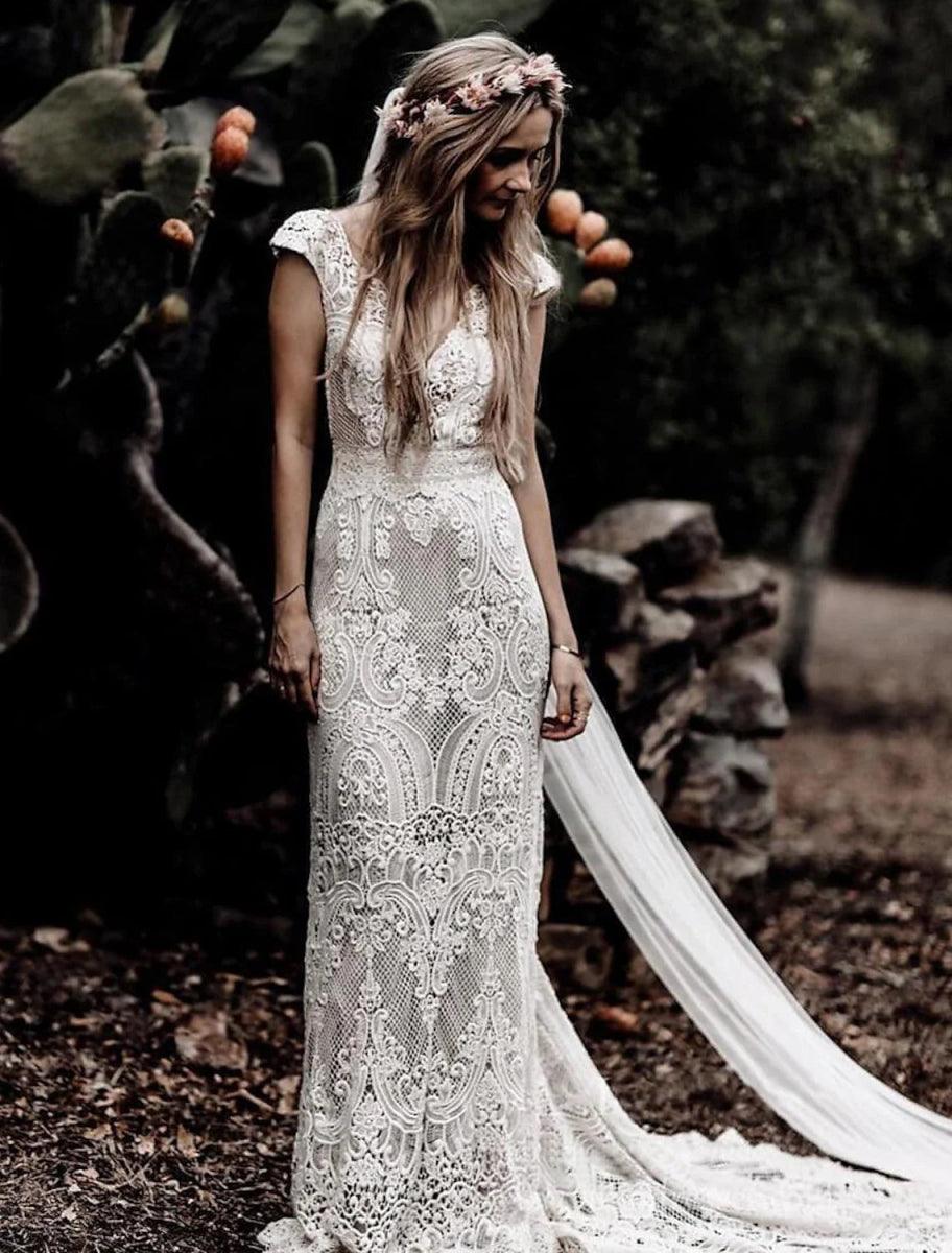 NumberSea - Beach Wedding Dresses Mermaid / Trumpet V Neck Cap Sleeve Court Train Lace Outdoor Bridal Gowns With Appliques Solid Color