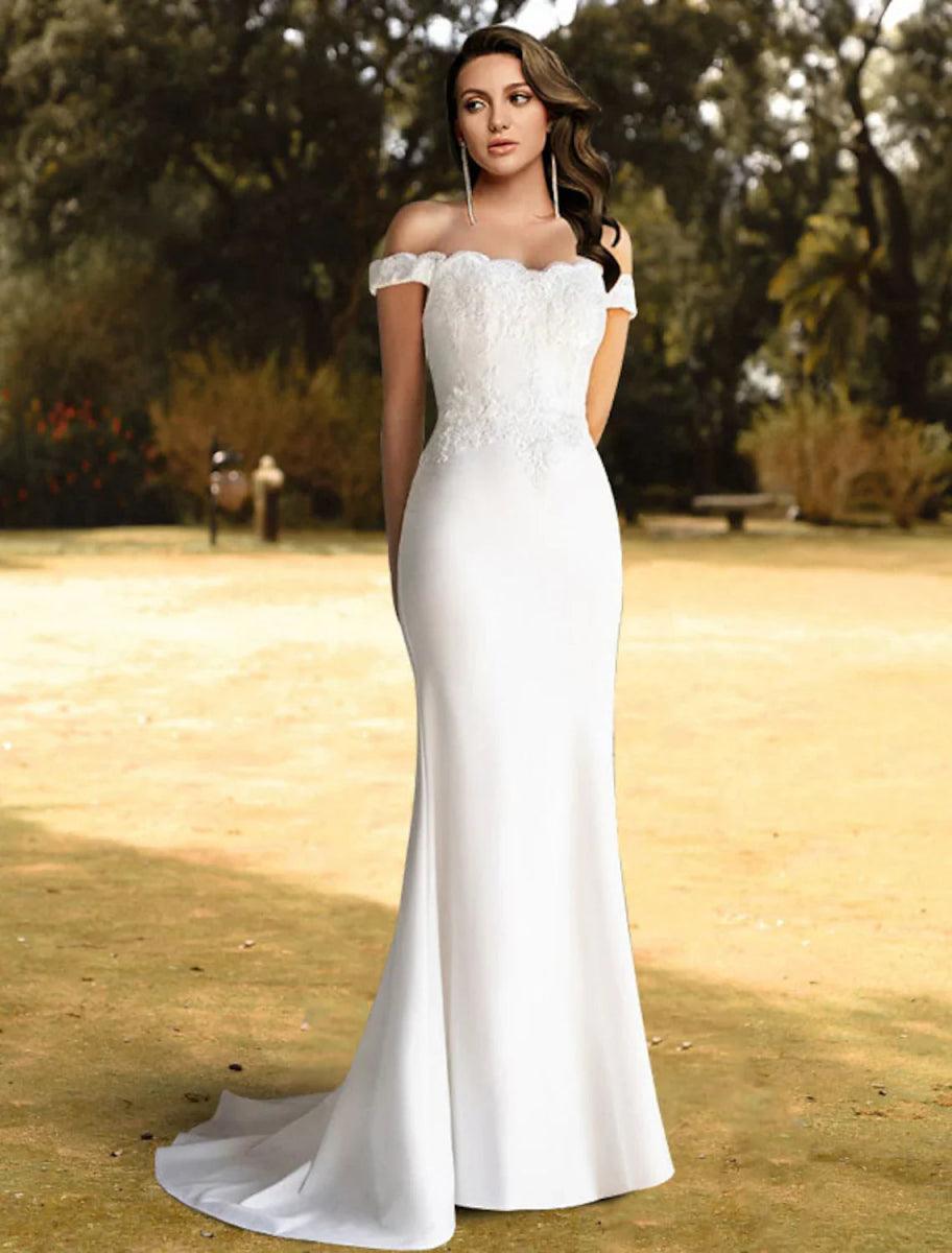 NumberSea - Beach Wedding Dresses Sweep / Brush Train Ball Gown Sleeveless Off Shoulder Lace With Appliques