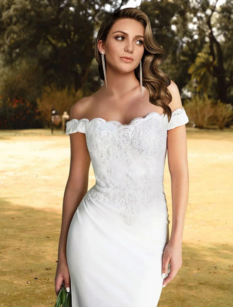NumberSea - Beach Wedding Dresses Sweep / Brush Train Ball Gown Sleeveless Off Shoulder Lace With Appliques