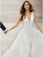 NumberSea - Beach Wedding Dresses Two Piece V Neck Sleeveless Court Train Satin Bridal Gowns With Pattern