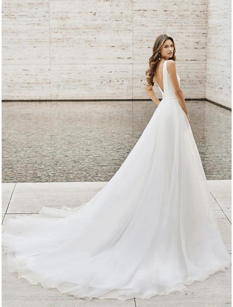 NumberSea-Beach Wedding Dresses Two Piece V Neck Sleeveless Court Train Satin Bridal Gowns With Pattern NumberSea-Beach Wedding Dresses Two Piece V Neck Sleeveless Court Train Satin Bridal Gowns With Pattern