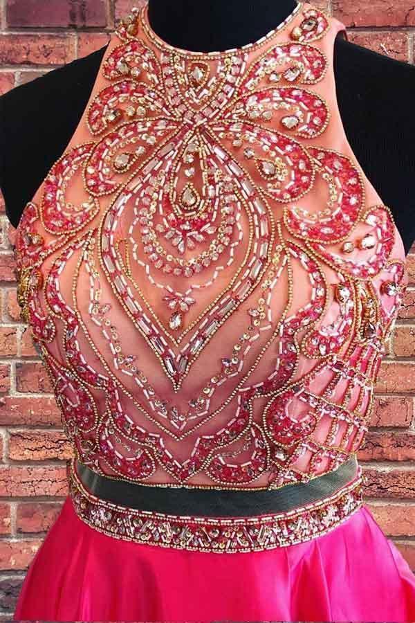 Beaded Two Piece Short Prom Dress Hot Pink Homecoming Dress