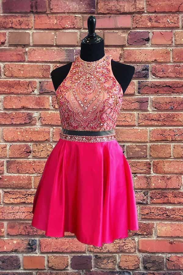 Beaded Two Piece Short Prom Dress Hot Pink Homecoming Dress