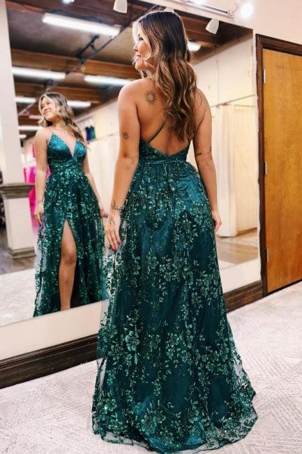 Wunderschönes A-Linien-Ballkleid aus Spitze mit V-Ausschnitt und ärmellosem Schlitz