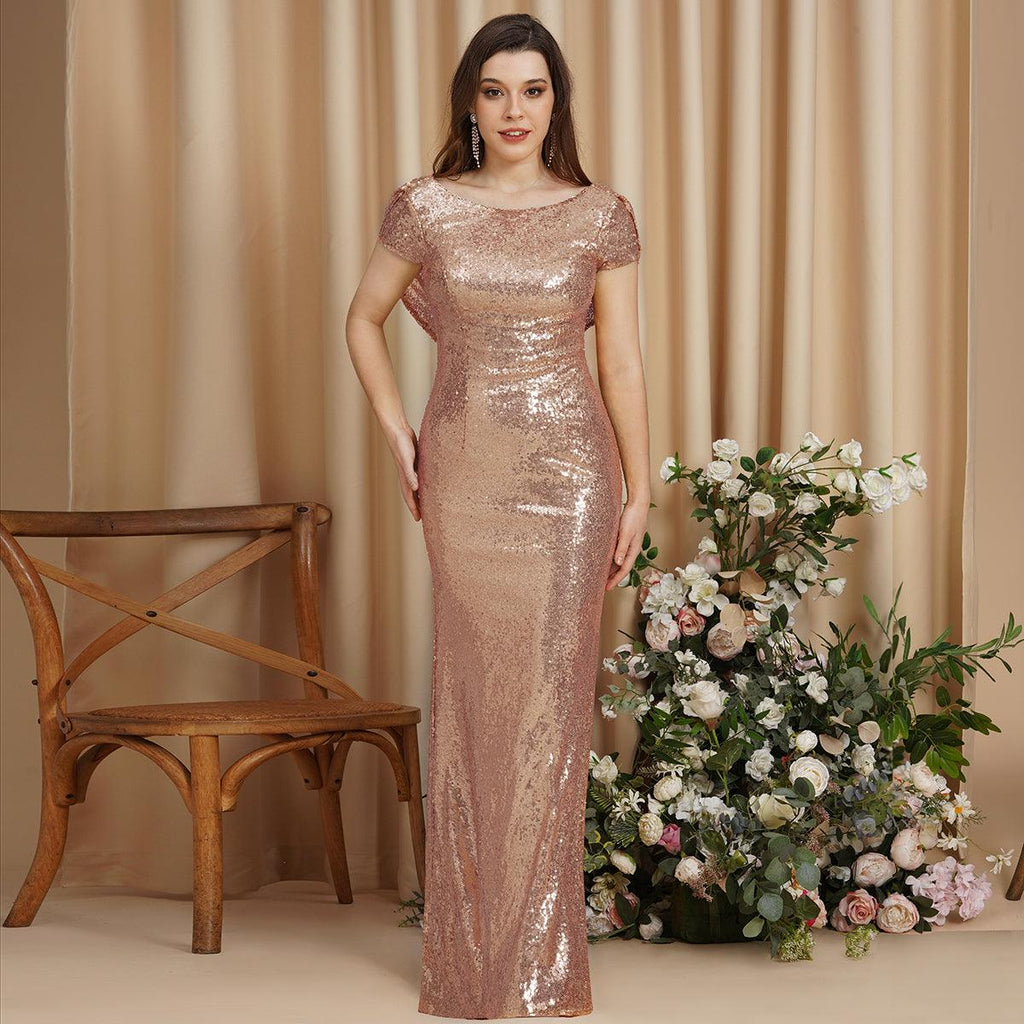 Wunderschönes Ballkleid mit säulenförmigem U-Ausschnitt und kurzen Ärmeln und Pailletten