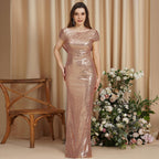 Wunderschönes Ballkleid mit säulenförmigem U-Ausschnitt und kurzen Ärmeln und Pailletten