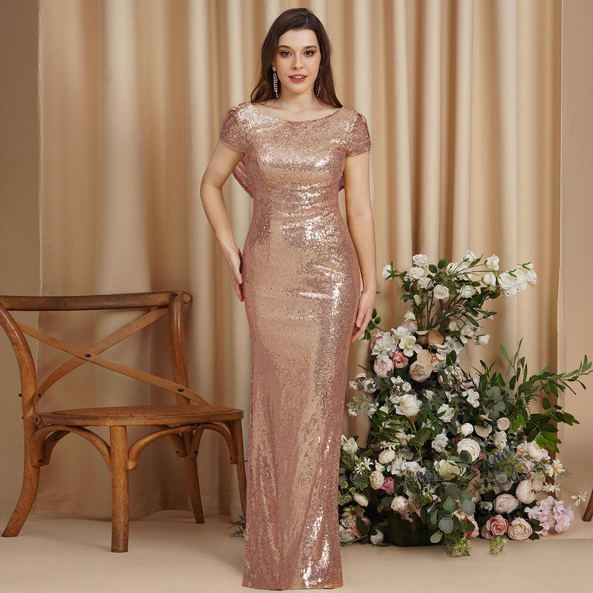 Wunderschönes Ballkleid mit säulenförmigem U-Ausschnitt und kurzen Ärmeln und Pailletten