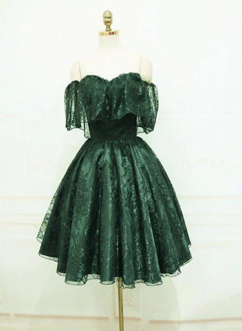 NumberSea - Beautiful Dark Green Lace Off Shoulder Short Party Dress, Lace Homecoming Dress