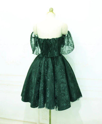 NumberSea - Beautiful Dark Green Lace Off Shoulder Short Party Dress, Lace Homecoming Dress