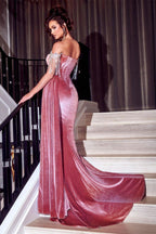 Wunderschönes schulterfreies Glitzer-Meerjungfrau-Ballkleid mit Schlitz in Altrosa