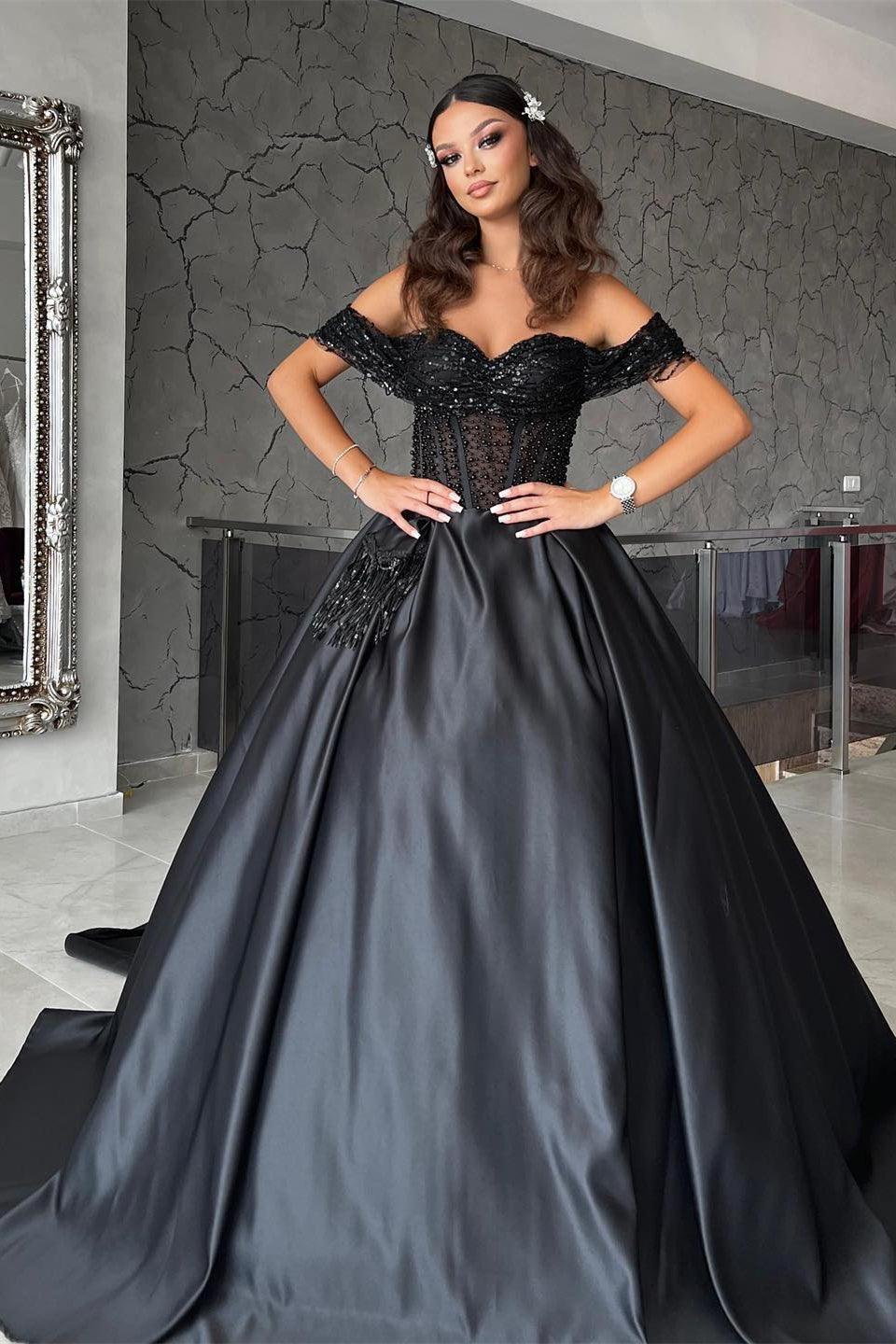 Wunderschönes bodenlanges, schulterfreies A-Linien-Ballkleid aus Satin in Schwarz mit Perlen