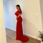 Beautiful Floor Length V-Neck Off-The-Shoulder Mermaid Ruby Prom Dress with Split