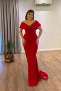 Beautiful Floor Length V-Neck Off-The-Shoulder Mermaid Ruby Prom Dress with Split