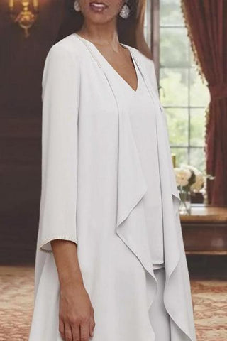 Magnifique costume de mère de la mariée simple et long en mousseline avec cache-cœur