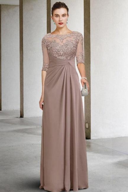 Hermosos vestidos largos de gasa con encaje verde en forma de A para madre de la novia con mangas