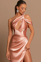 Beautiful Long Mermaid One Shoulder Satin Prom Dress With Slit