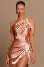 Beautiful Long Mermaid One Shoulder Satin Prom Dress With Slit