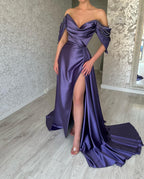 Wunderschönes langes lila A-Linien-Ballkleid mit schulterfreiem ärmellosem Schlitz