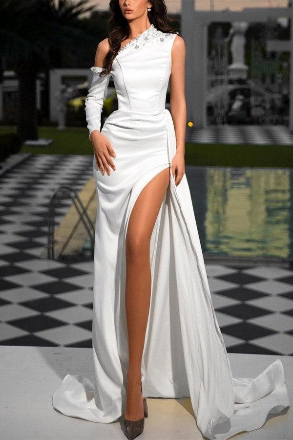 Schöne lange weiße One-Shoulder Pailletten Abendkleider mit Schlitz