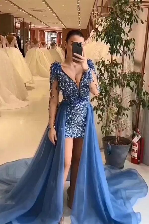 Wunderschönes, langes, ärmelloses Mini-Ballkleid mit V-Ausschnitt und Pailletten und Schleppe
