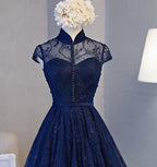 NumberSea - Beautiful Navy Blue Knee Length Lace Party Dress, Homecoming Dress