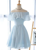 NumberSea - Beautiful Off Shoulder Simple Short Bridesmaid Dress, Lovely Blue Chiffon Party Dress