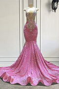 Wunderschönes rosa Pailletten-ärmelloses Träger-Bodenlänge-Meerjungfrau-Ballkleid