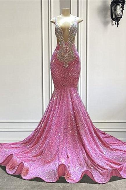 Wunderschönes rosa Pailletten-ärmelloses Träger-Bodenlänge-Meerjungfrau-Ballkleid