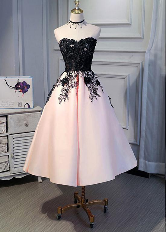 NumberSea - Beautiful Satin Tea Length Bridesmaid Dress, Sweetheart Wedding Party Dress