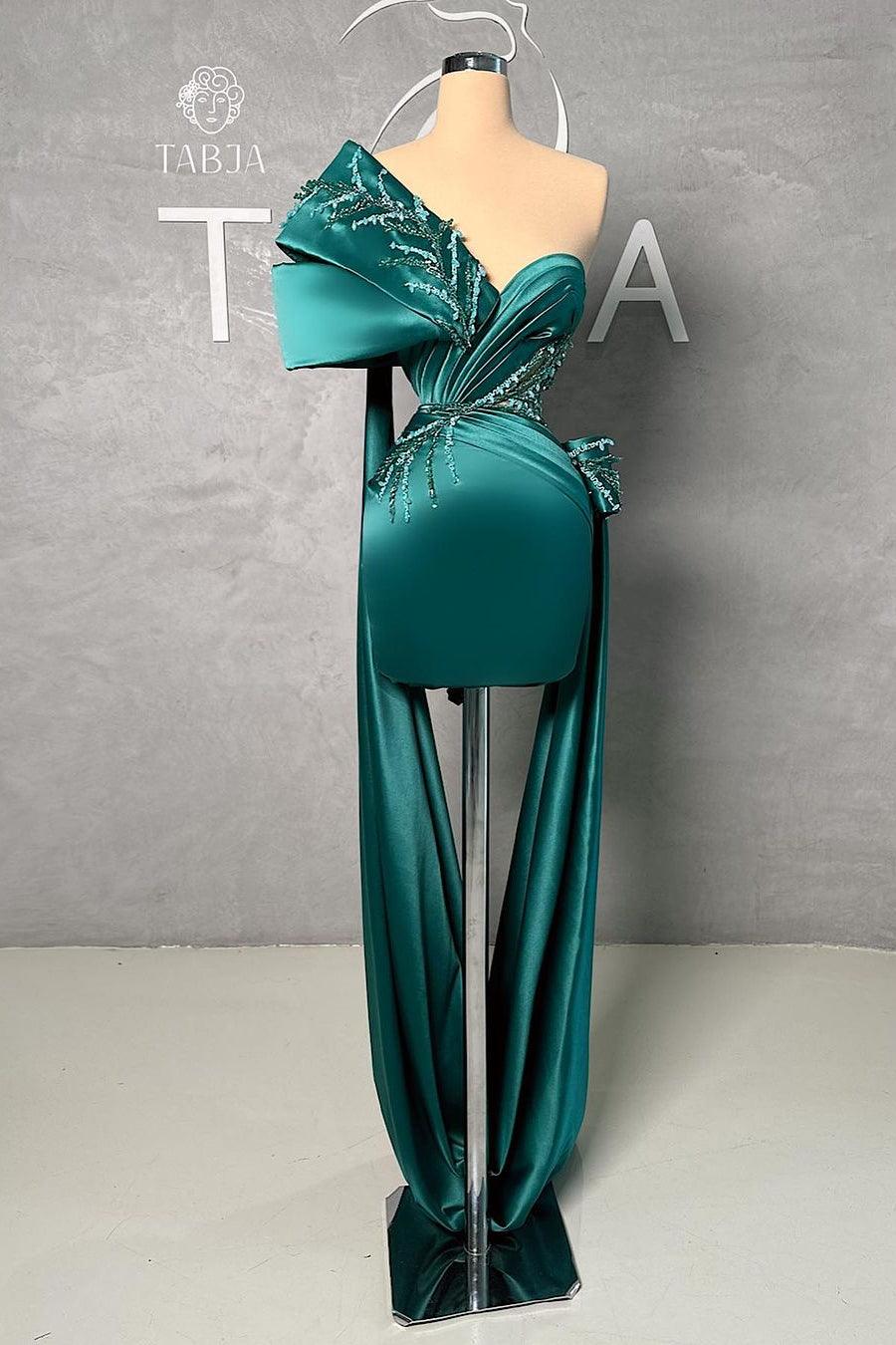 Wunderschönes kurzes grünes One-Shoulder-Spitzen-Ballkleid ohne Ärmel